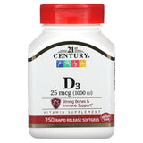21 سينتري, فيتامين د 3 ، 25 مكجم (1،000 وحدة دولية) ، 250 كبسولة هلامية سريعة المفعول