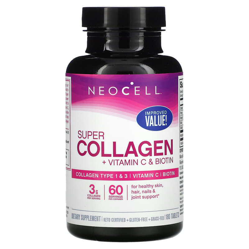 NeoCell Super Collagen + Vitamin C & Biotin, a dietary supplement that promotes healthy skin, hair, nails, and joint support.