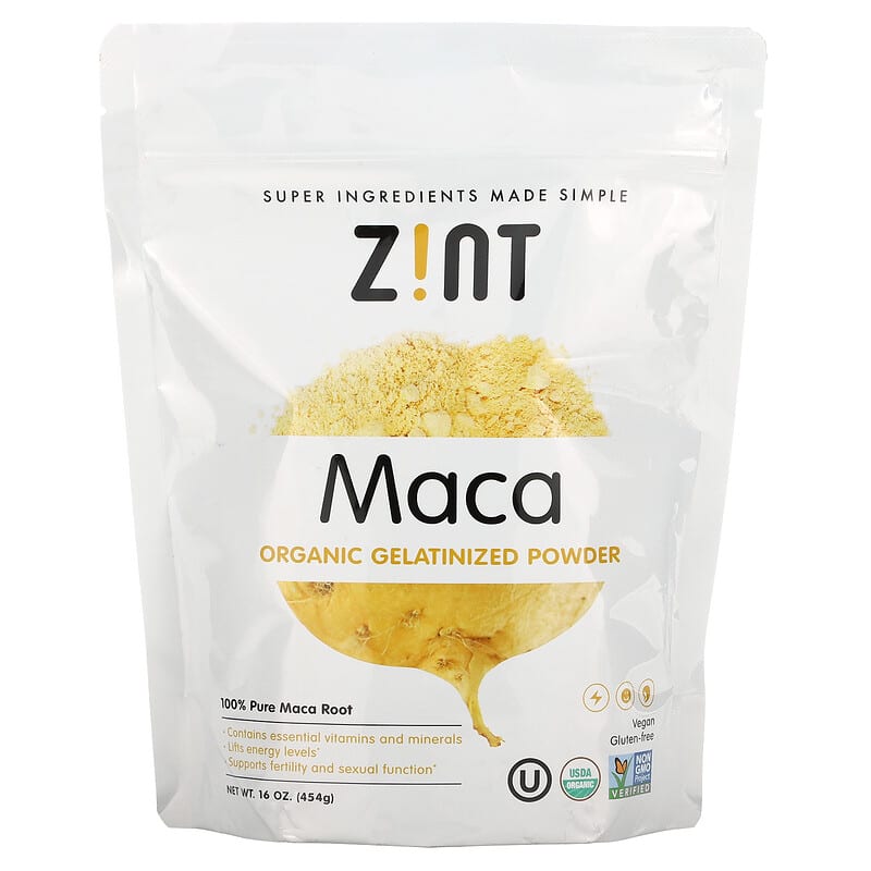 Zint Organic Gelatinized Maca Powder, presented in a 16 oz (454 g) package. This product features 100% pure Maca Root, a super ingredient known for containing essential vitamins and minerals. Zint Maca Powder is vegan, gluten-free, kosher, USDA organic, and Non-GMO Project Verified. It is also BPA-free and certified organic by CCOF.